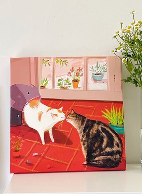 韩风小猫咪饰画 爱插画风卧室床画 客厅电视柜挂画