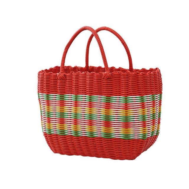 Plastic woven shopping basket colorful handmade vegetables basket bag grocery shopping bath basket bathroom rattan bathroom basket storage picnic
