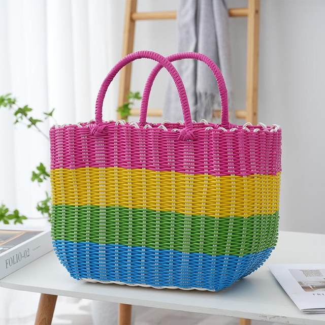 Plastic woven shopping basket colorful handmade vegetables basket bag grocery shopping bath basket bathroom rattan bathroom basket storage picnic