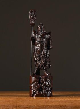 黑檀木雕关公摆件招财客厅横刀武财神红木工艺品实木立刀关羽开业