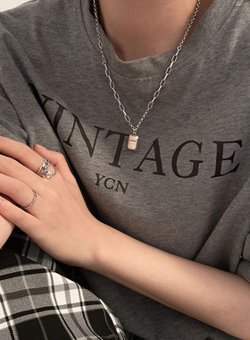 s925纯银方牌项链女轻奢小众设计感拼接毛衣链长款高级感配饰品潮