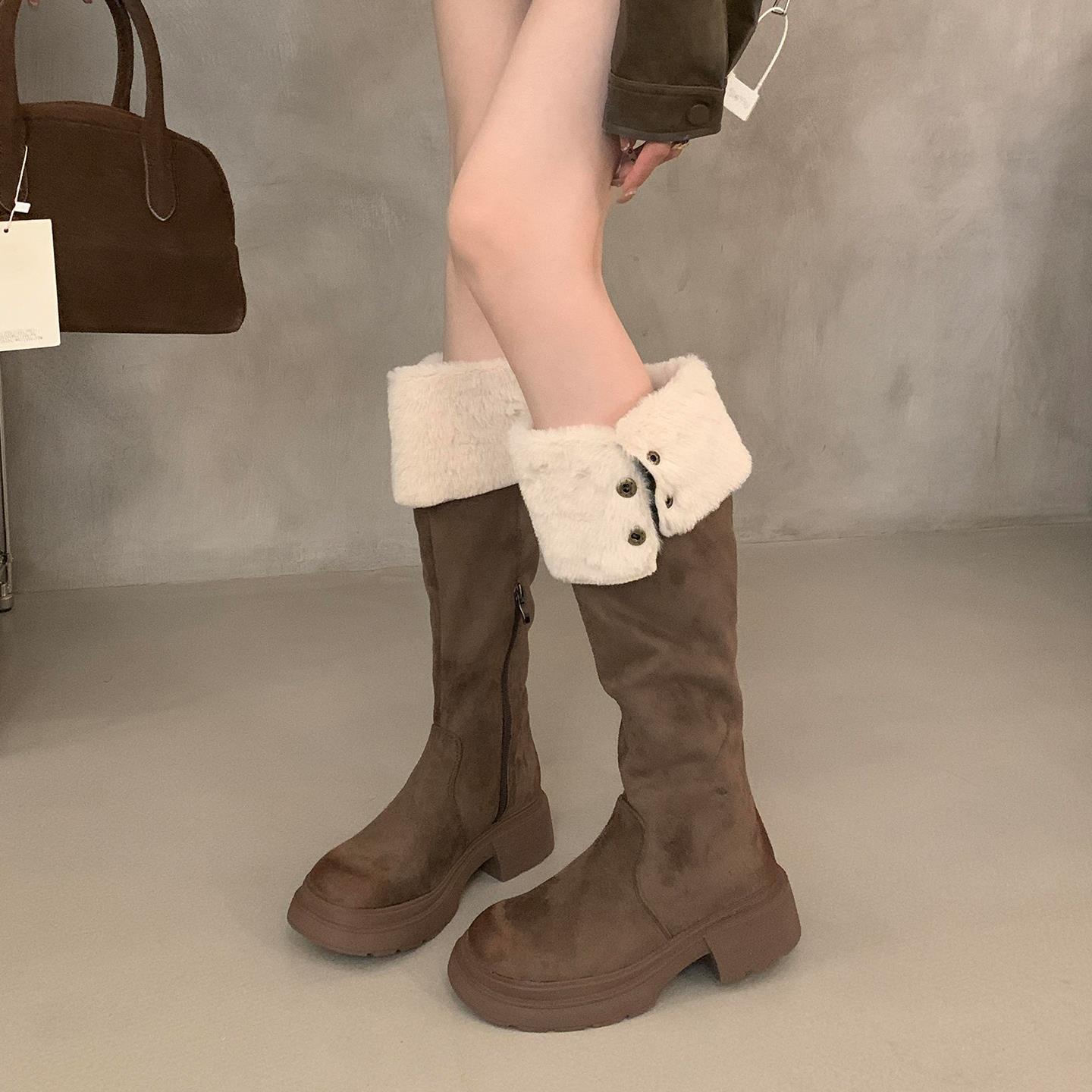 羊羔毛长筒靴雪地靴子女2025冬新款小个子厚底增高保暖加绒骑士靴 - 图2