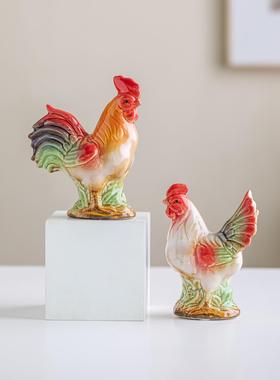 创意陶瓷大红色公鸡摆件客厅办公室吉祥镇宅景德镇装饰乔迁新居礼