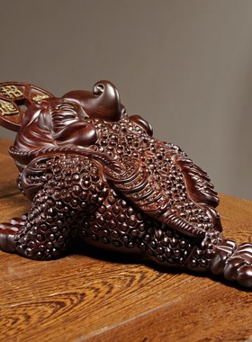 黑檀木雕金蟾实木三足献宝蟾蜍家居柜台公司业装饰工艺礼品