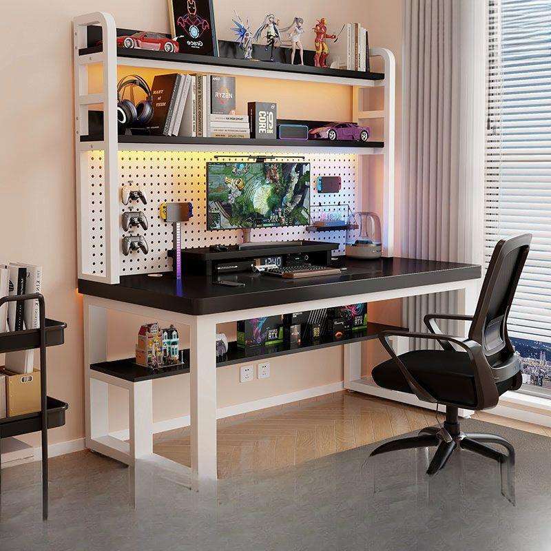 Home desk with bookshelf integrated desktop computer table student writing small apartment study table hole board