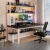 Home desk with bookshelf integrated desktop computer table student writing small apartment study table hole board