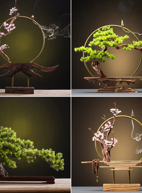 新中式摆件底座风化实木家居摆件客厅办公室玄关书房铁艺灯圈