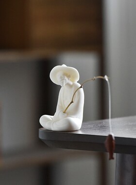 姜太公钓鱼翁老头小陶瓷物鱼缸垂钓渔翁茶具茶架装饰品造景