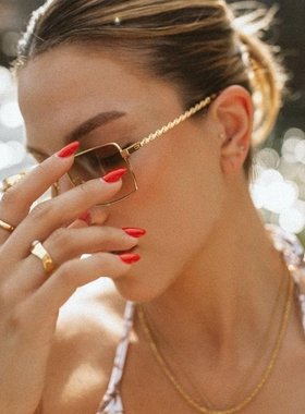 欧美财阀千金方形金属麻花镜腿双茶色墨镜女潮遮阳复古太阳眼镜男