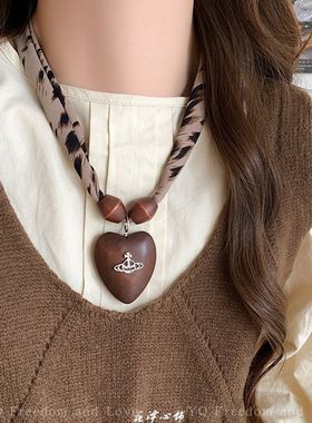 美拉德色系~复古豹纹系脖丝巾项链女小众高级感长毛衣链秋冬配饰