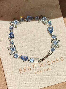 春夏小清新蓝色闪钻花朵手链女甜美清冷手环简约百搭高级时尚手饰