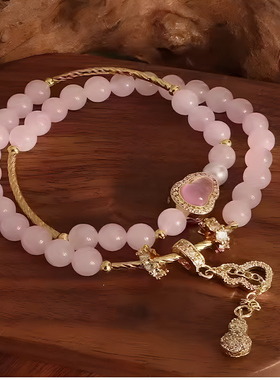 粉黛佳人粉色串珠双圈葫芦流苏手链爆款仿珍珠甜美可爱手串高级感