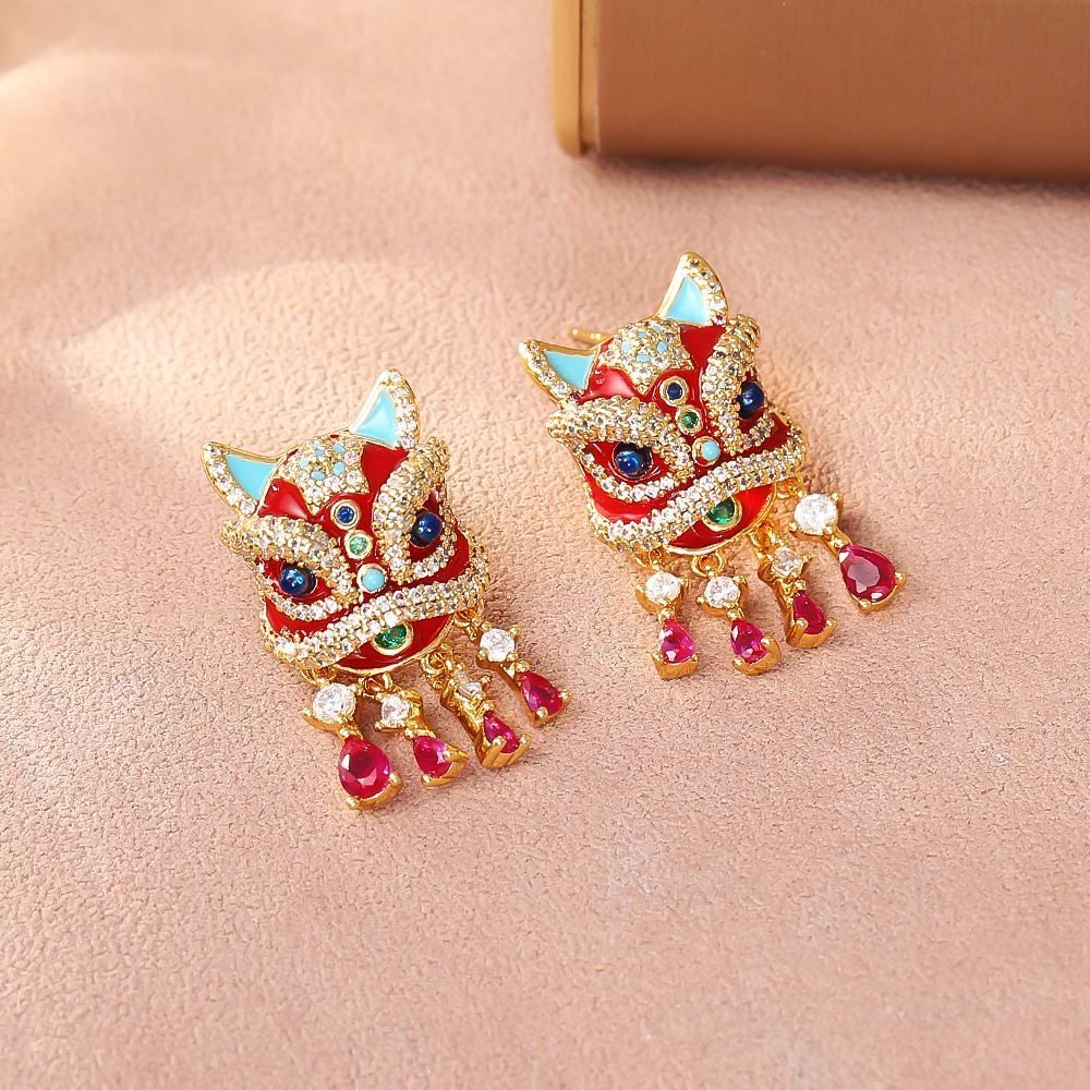 国风招财醒狮耳钉戒指项链套装高级感仿锆耳环女复古个性新年礼物,淘宝优惠券,粉丝福利购,淘宝优惠卷