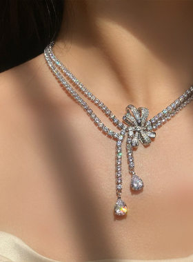 蝴蝶结轻奢璀璨重工项链套装女几何耳钉小众奢华流苏高端设计颈链
