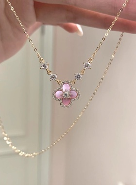 仿粉色贝母四叶草闪钻项链女款2025新款气质锁骨链高级感轻奢小众