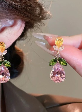 彩色闪钻树叶水滴吊坠项链超闪精致独特锁骨链夏日多巴胺绝美颈链