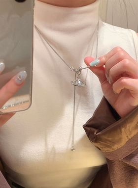 韩系银色爱心抽拉流苏毛衣链简约精致项链女小众设计感颈链锁骨链