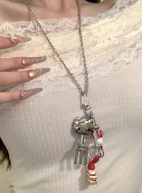 甜酷长款挂脖Kitty刀叉项链