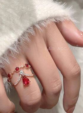 复古精致镶嵌红色仿锆戒指独特气质轻奢小众设计感叠戴开口食指戒