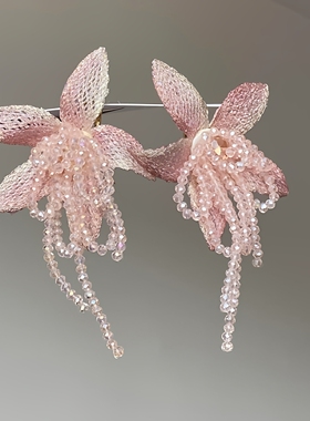 【梦境夏花】超仙粉色花朵水晶流苏项链女款甜美气质锁骨链毛衣链