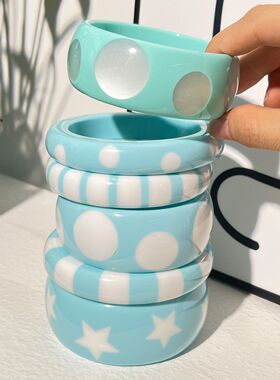 欧美跨境薄荷绿几何圆形手镯时尚猫眼圆点星星条纹树脂bracelet