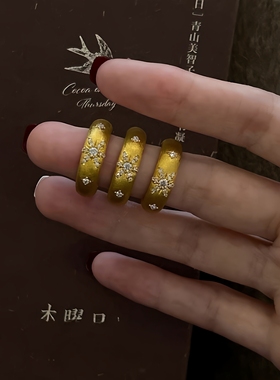 叠戴新中式复古拉丝繁花粉钻开口戒指女小众贵气高级感轻奢指环潮