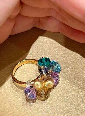 「彩晶花簇」法式多色彩色串珠金色圆球戒指缤纷多巴胺花朵食指戒