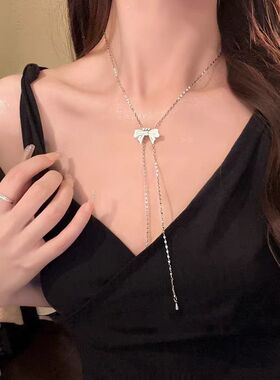 蝴蝶结抽拉项链女2026新款爆款高级感锁骨链气质长款流苏颈链配饰