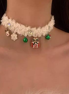 叮咚 !圣诞节毛绒铃铛choker项链麋鹿雪花铃铛礼物盒氛围感锁骨链