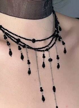 串珠多层流苏项链暗黑设计手工复古锁骨链女款气质小众新款吊坠链
