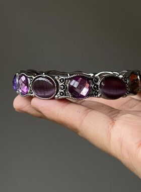 中古vintage设计紫色仿猫眼珠手镯轻奢重工显白首饰小众高级手链