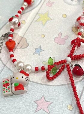 夏日多巴胺甜美可爱串珠HelloKitty项链女小众流苏彩色蝴蝶结红色