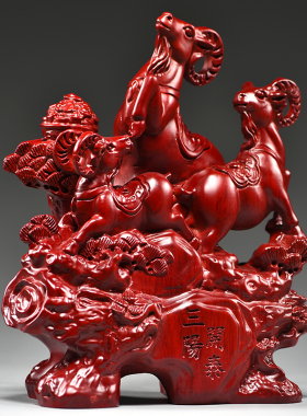红色羊泰实木雕刻阳泰十二生肖羊居玄补角饰品