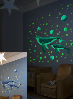 创意梦幻星空鲸鱼夜光墙画发光饰儿童房荧光星星月亮