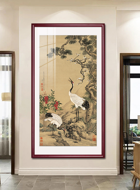 入户玄关画松鹤延年挂画新客厅饰画走道壁画仙鹤寿桃图