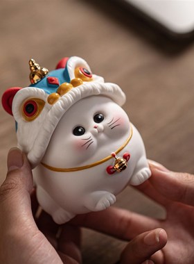 国潮醒狮小摆件客厅办公桌面装饰工艺品汽车载陶瓷可爱猫咪