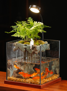 创意小型鱼缸造景真绿植全客厅流水循环水招财办公室装饰品