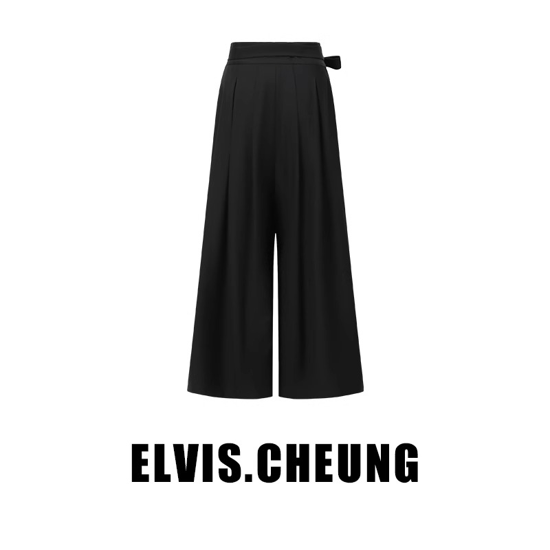 ELVIS.CHEUNG开运秋冬新品中式精纺羊毛缎面高腰头系带直筒裤 - 图0