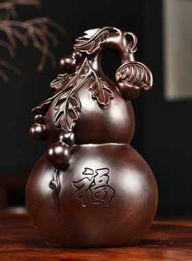 黑檀实木雕刻葫芦摆件红木福禄如意客厅家居电视柜装饰送礼工艺品