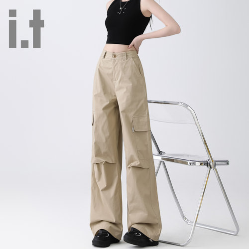 it ccaabb卡其色工装裤宽松阔腿高腰显瘦百搭直筒窄版休闲裤K - 图3