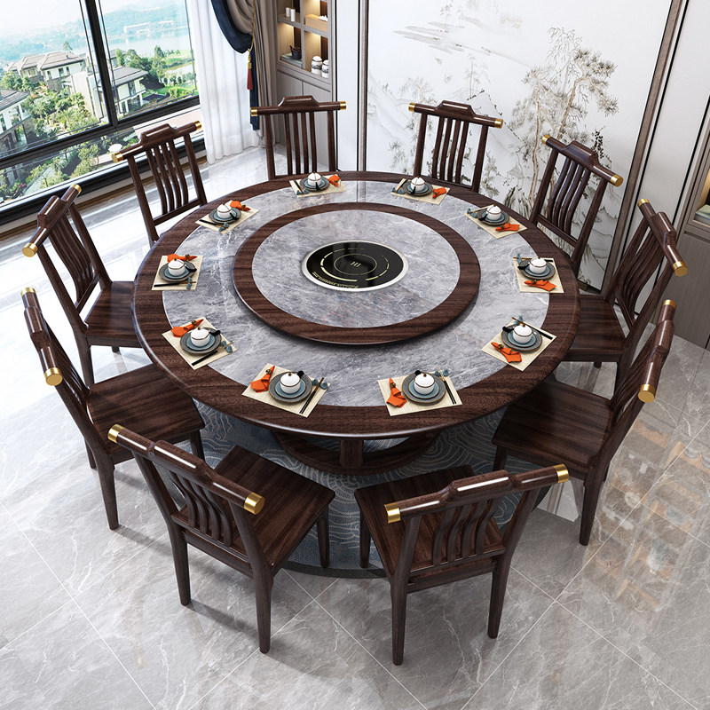 乌金色实木岩板圆形餐桌椅带电磁炉转盘家用火锅饭桌大圆桌子,淘宝优惠券,粉丝福利购,淘宝优惠卷