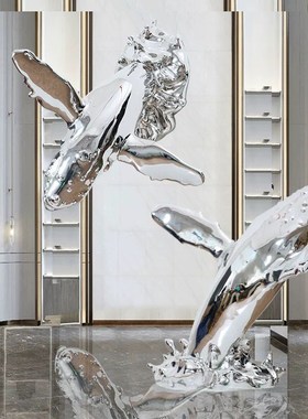 玻璃钢鲸鱼浪花雕塑定制抽象海豚艺术装置售楼部大堂酒店落地摆件
