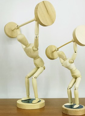 梧棣木人举重工艺品举重人物装饰杠铃桌面摆设人物木质