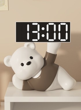 创意懒懒熊时钟摆台式电子闹钟奶油风桌面摆件客厅电视柜装饰礼品