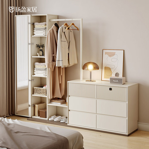 奶油风卧室衣帽架落地靠墙斗柜全身镜一体床尾置物柜立柜子 - 图0