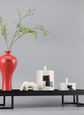 新中式禅意陶瓷小马描金花瓶摆件客厅书房玄关家居插花装饰品摆设