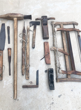 民俗怀旧老物件鲁班木匠工具传统旧木锯木钻老墨斗80年代摆件复古