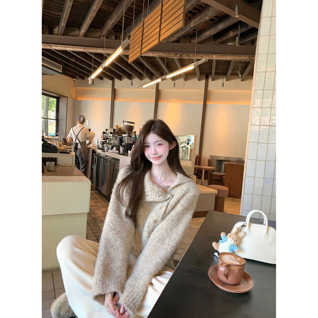 Jijilu Lu positive oatmeal sweet tea cotton wool short woolen top design versatile lace-up cardigan