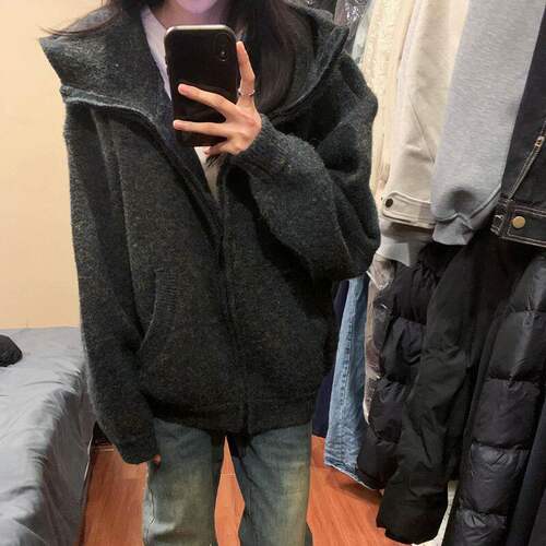 灰色连帽超好看厚毛衣女款2024新款冬季穿搭慵懒高级感针织衫外 - 图1