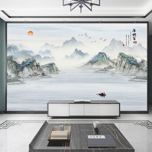 新山水电视背景壁纸办公室书房水墨意境装饰壁画客厅墙纸 - 图1